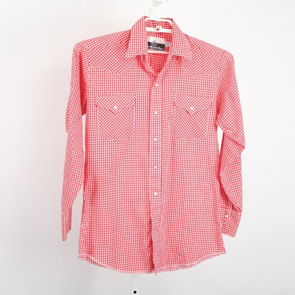 Vintage Ranch and Town Shirt Mens 15.5x34 Red Gingham Check Pearl Snap USA - Picture 2 of 10